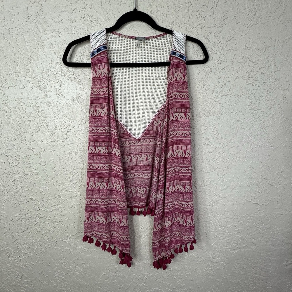 BTE Gimmicks Womens O/S Open Vest Cardigan Red Atzec Bohemian Festival Tassels